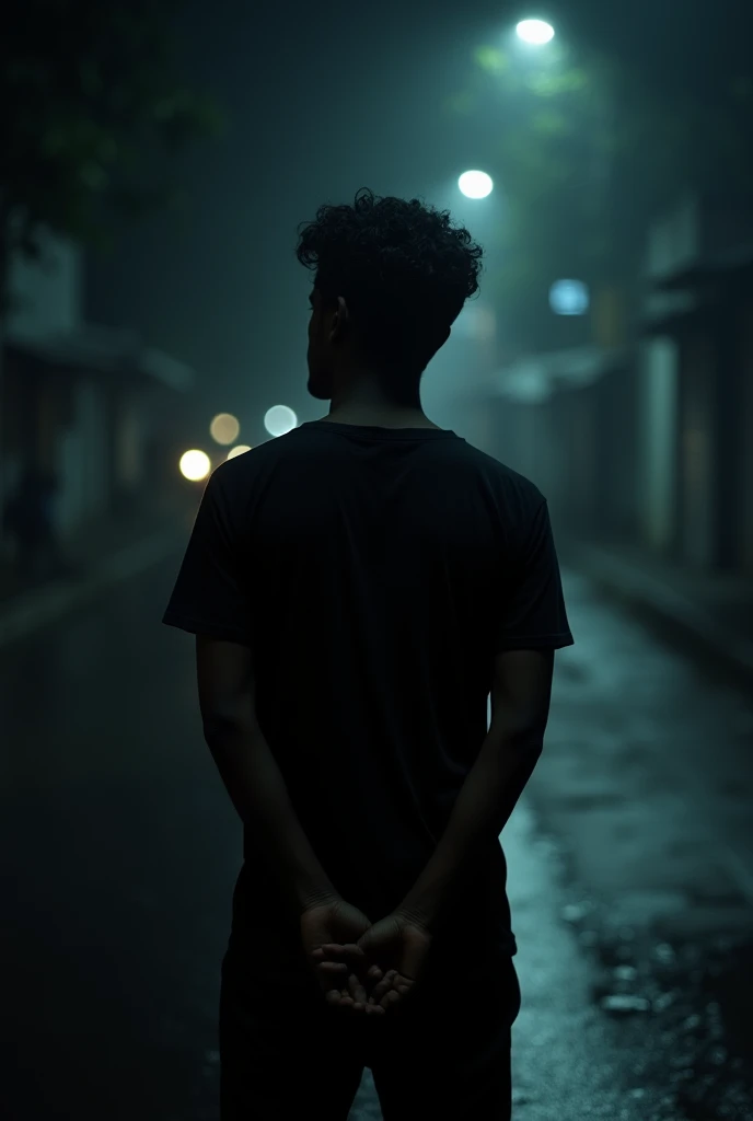 24 year's men, short long curly hair, rainy season, men back shot, black shirt &black pant, 176 cm tall,night image,holding his hands, no lights,kerala street