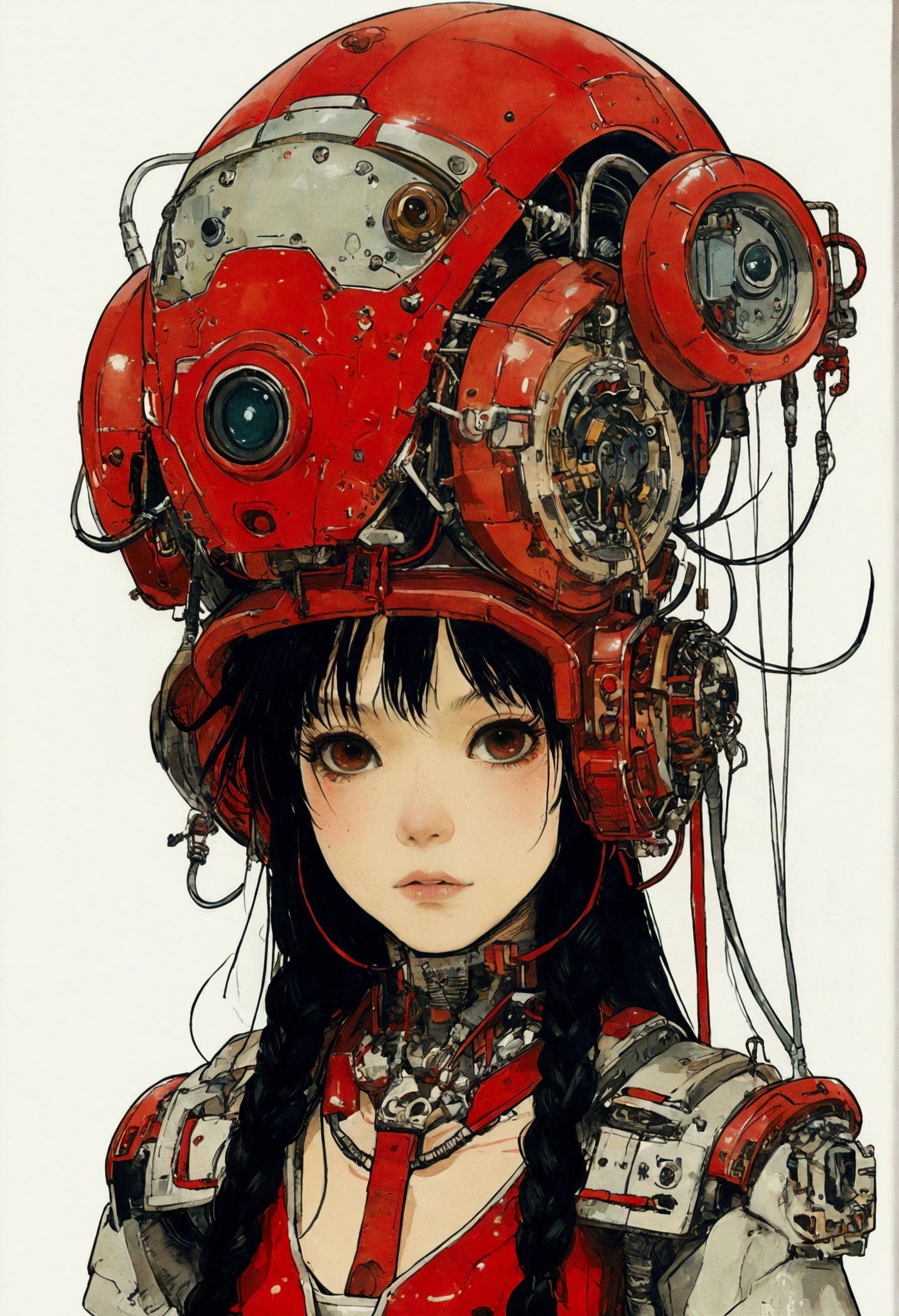 The Style of Kawanabe Kyosai、Female character design wearing a red cybernetic exoskeleton、Black Hair、Concept design sheet、White Background
