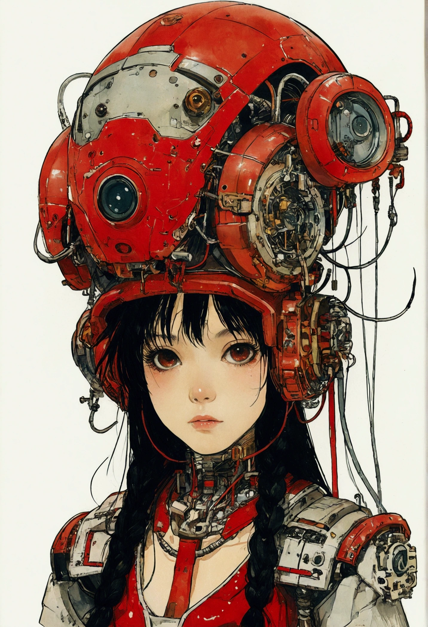 The Style of Kawanabe Kyosai、Female character design wearing a red cybernetic exoskeleton、Black Hair、Concept design sheet、White Background