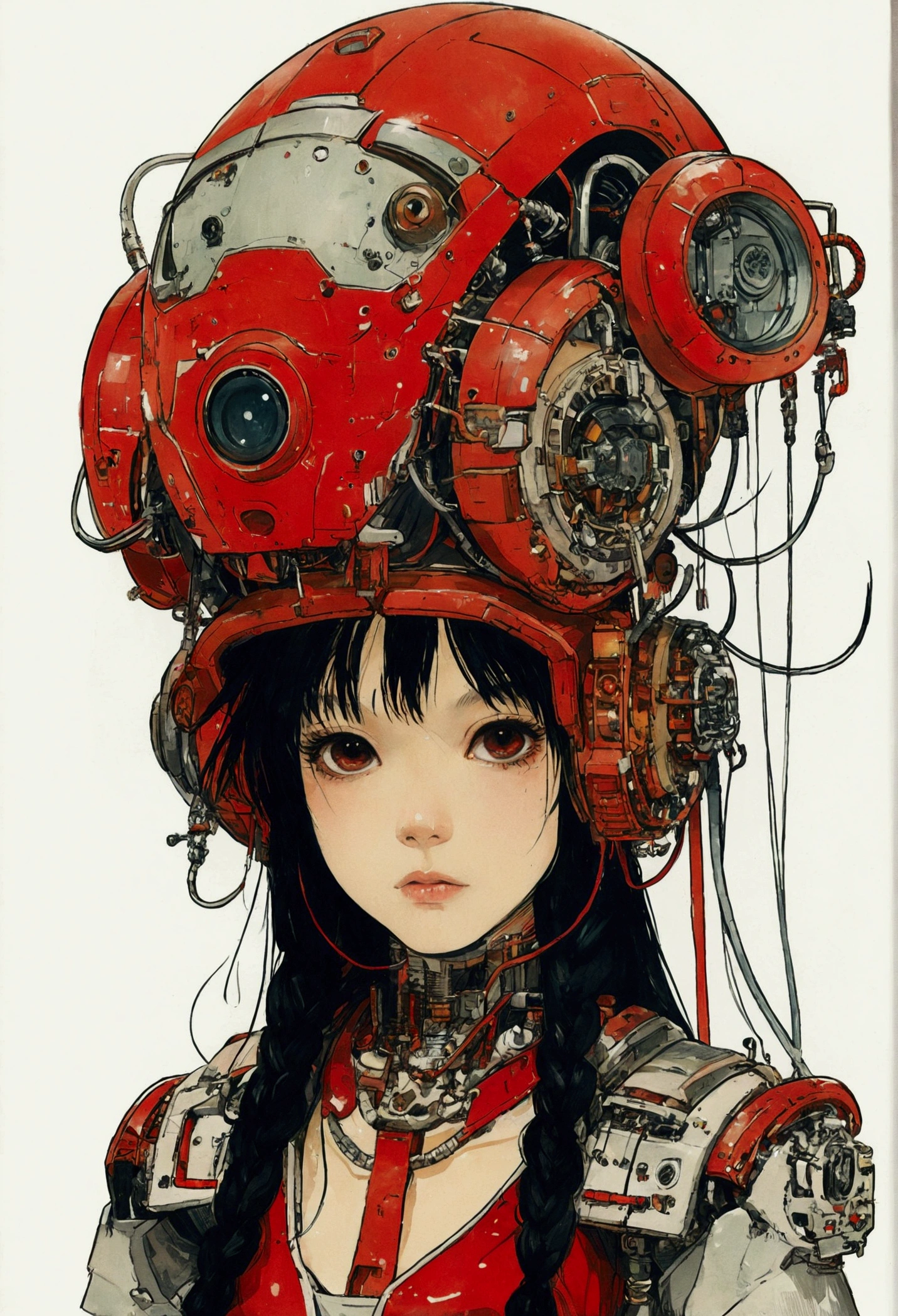 The Style of Kawanabe Kyosai、Female character design wearing a red cybernetic exoskeleton、Black Hair、Concept design sheet、White Background