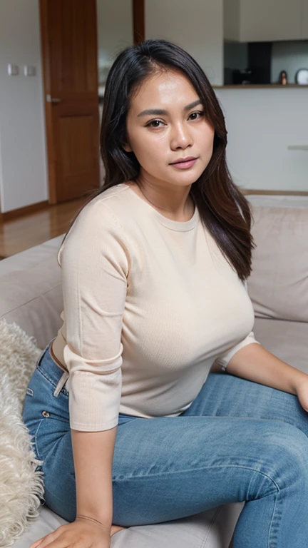 indonesian woman 50 years old, beautiful face, soft smile, sweet face, fair skin, jeans, shirt, sitting on sofa, sexy thick, big hips