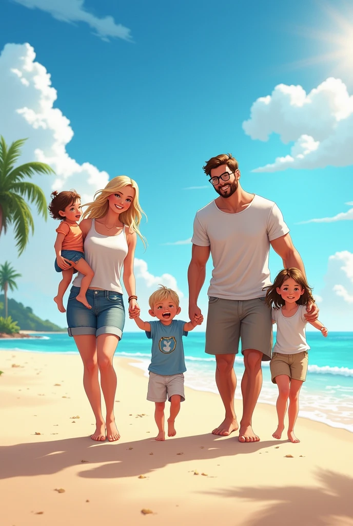 two happy couples on the beach, one with two women, one blonde and one with light brown hair, and another couple with a brown haired woman and a brown haired man, glasses and very muscular, there are two children in the picture