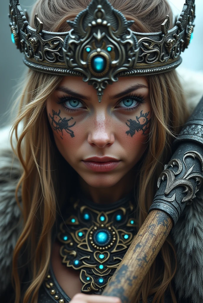 Close up of nordic female warrior with axe in hand, Woman, blue eye, axe next to the face, large crown on head , necklace beautiful stones on the neck, tattooed face, Angry