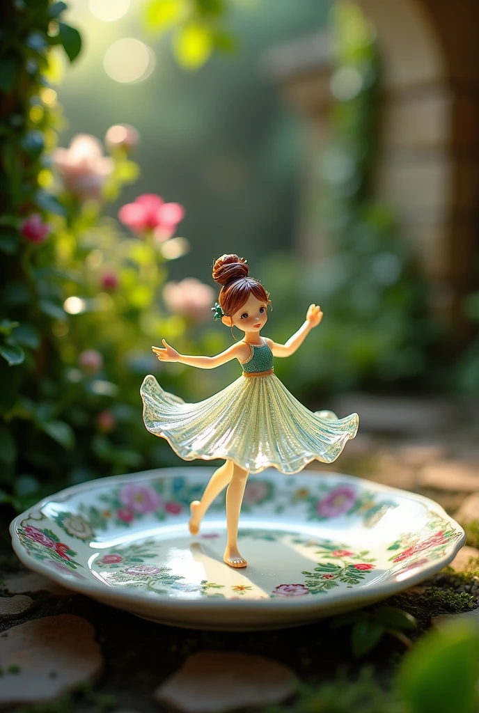 A delicate miniature girl-like figure,fashioned from colourful glass, twirling on an  intricately painted porcelain plate, set in a quaint, fairy- tale garden with vibrant flowers and ivy- covered walls. The plate's ornate designs add a touch of elegance, while the garden blooms in a riot of colors, illuminated by soft, dappled sunlight. The figure's pose exudes grace and enchantment, with reflections of light playing off the glass to create a mesmerizing effect. Created Using: fairy-tale aestheticts, close-up photography, vibrant color palette, soft focus, detailed craftsmanship, hd quality, natural look --ar 16:9