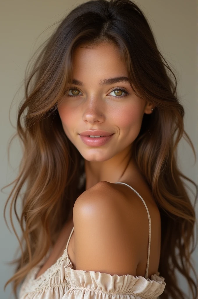 Une fille de environ très jolie avec des yeux noisettes, une peau légèrement bronzée et des cheveux bruns
