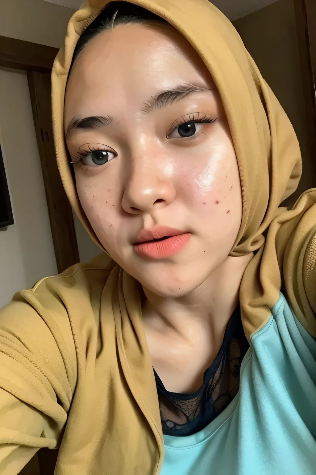 instagram selfie , a 2 gorgeous woman , slight smile , detailed skin face and eyes , natural lighting , at home , long hair, wearing cute pajamas , film grain, low contrast, natural face , freckles , black hair , blue eyes, dark circles under eyes. Sexy bra
