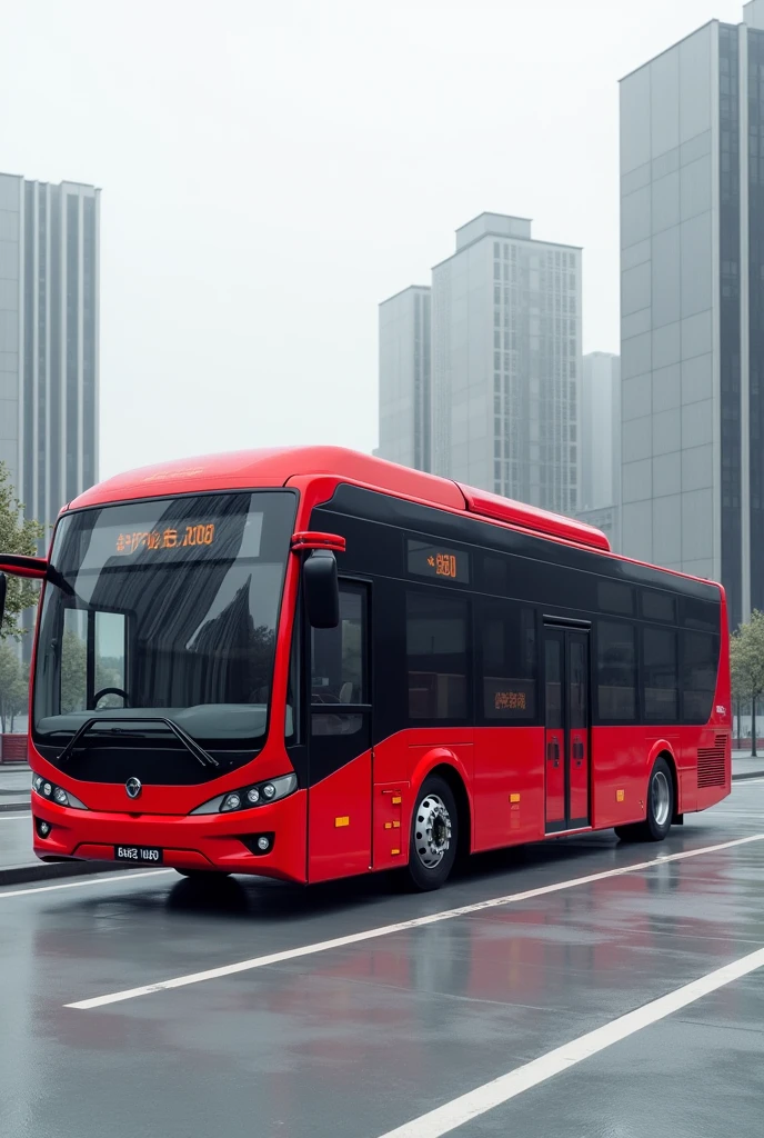 Take a picture of a red Express Urban Transport bus. With neutral tones and the photo standing up 