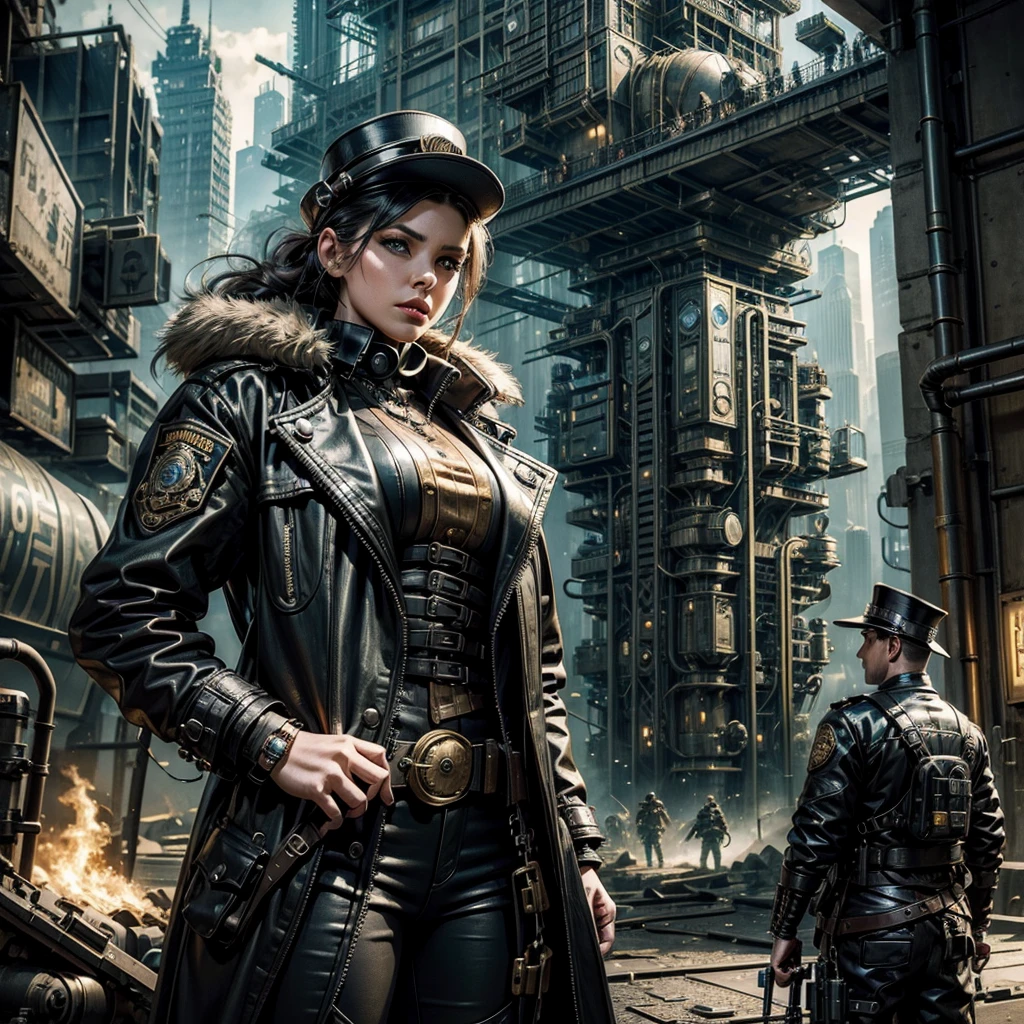 a woman in a steampunk security uniform inspects a sector of a dystopian futuristic city,hyper-realistic, hyper-detailed, photo-realistic, perfect-details, intricate-details, high quality
