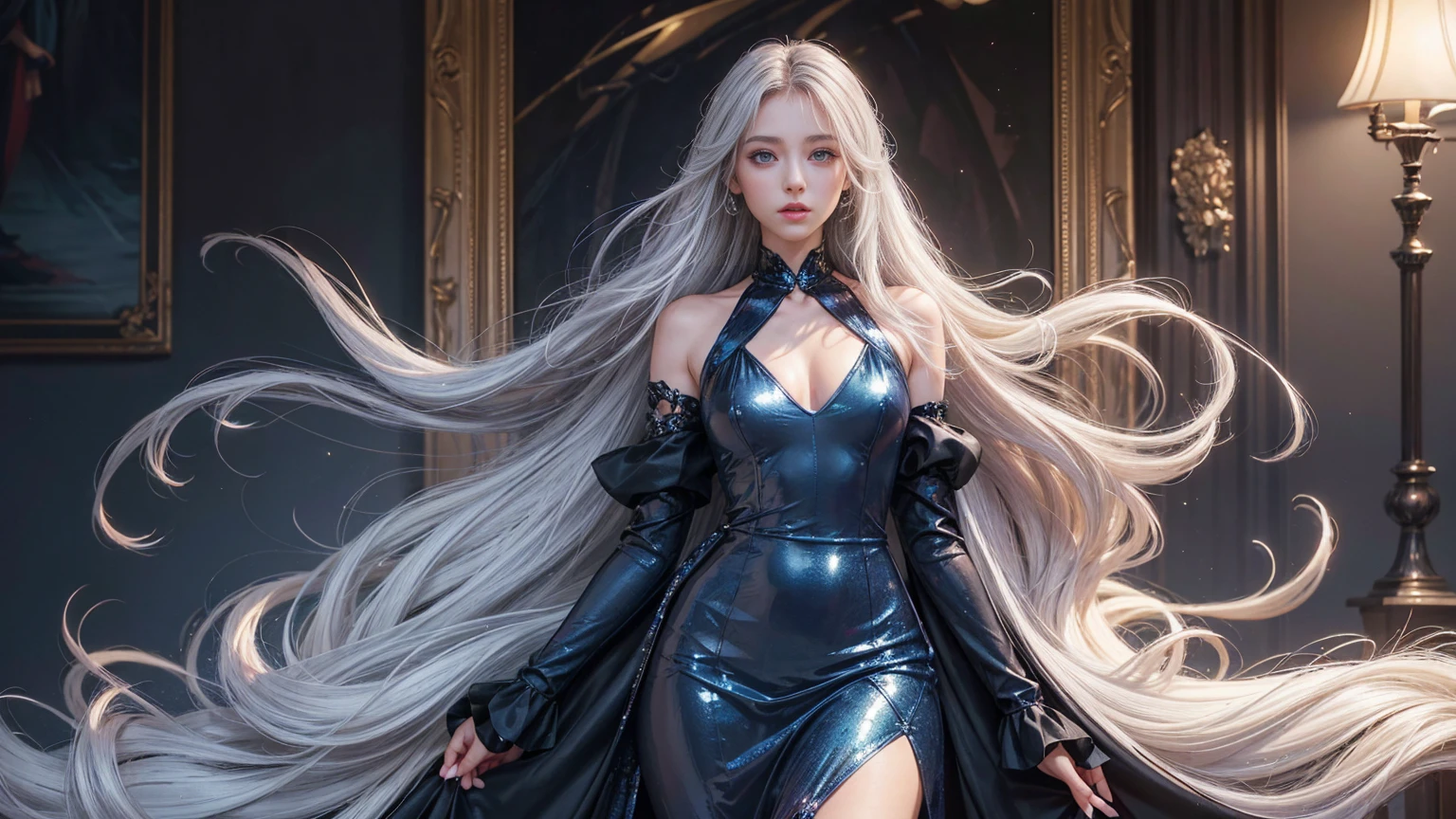 top quality work,realistic work,Ultra premium graphics,8K HD CG Works,high quality graphics,High-definition CG work,10x pixels,super fine details:1.1,Advanced technical details:1.1Real as a photo,indoor lighting effects:1.5,Natural light:1.5. light effect(virtual light effect:1.8),超A high resolution,shiny blue dress,長いsilver hair,silver hair,transparent hair,high detail hair(premium hair detail:1.1)clear eyes,beautiful double eyelids,sharp eye makeup, delicate eyelash makeup, thin eyebrows, highly detailed eyes,high nose, nice red lips, rose cheeks, A face with delicate makeup , cute face, perfectly proportioned face,(Advanced facial details:1.1)Collection of shiny blue luxury dresses,blue sequin dress,sequin coat,shiny,tight long skirt,Summer Sexy Hip Wrap Fishtail Sleeveless Commuter Maxi,horse stockings 100%Oil Gloss Pantyhose Gloss Silk Cluster 8D Black Silk Woman,stiletto heels,beautiful long dress,amazing dress,bright red series,haute couture dress collection,dress photo shoot,authentic dress work,At the banquet hall,women's artwork,full body figure,goddess of dresses,Realism,wonderful,My eyes are bright today
