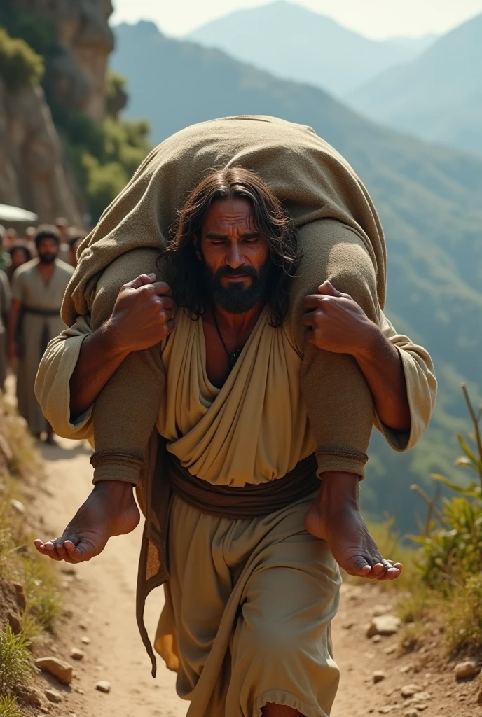 Jesus Christ, struggling up a steep, mountainous dirt road with a large, havy fatty man on his shoulder. He is visibly tired and sweating, with tears streaming down his face.and he is crying  Villagers from the small mountain village are watching him intently, with expressions of concern and curiosity. The scene is set against a rugged, mountainous backdrop with a rustic, rural atmosphere."4k ultra realstick hd

