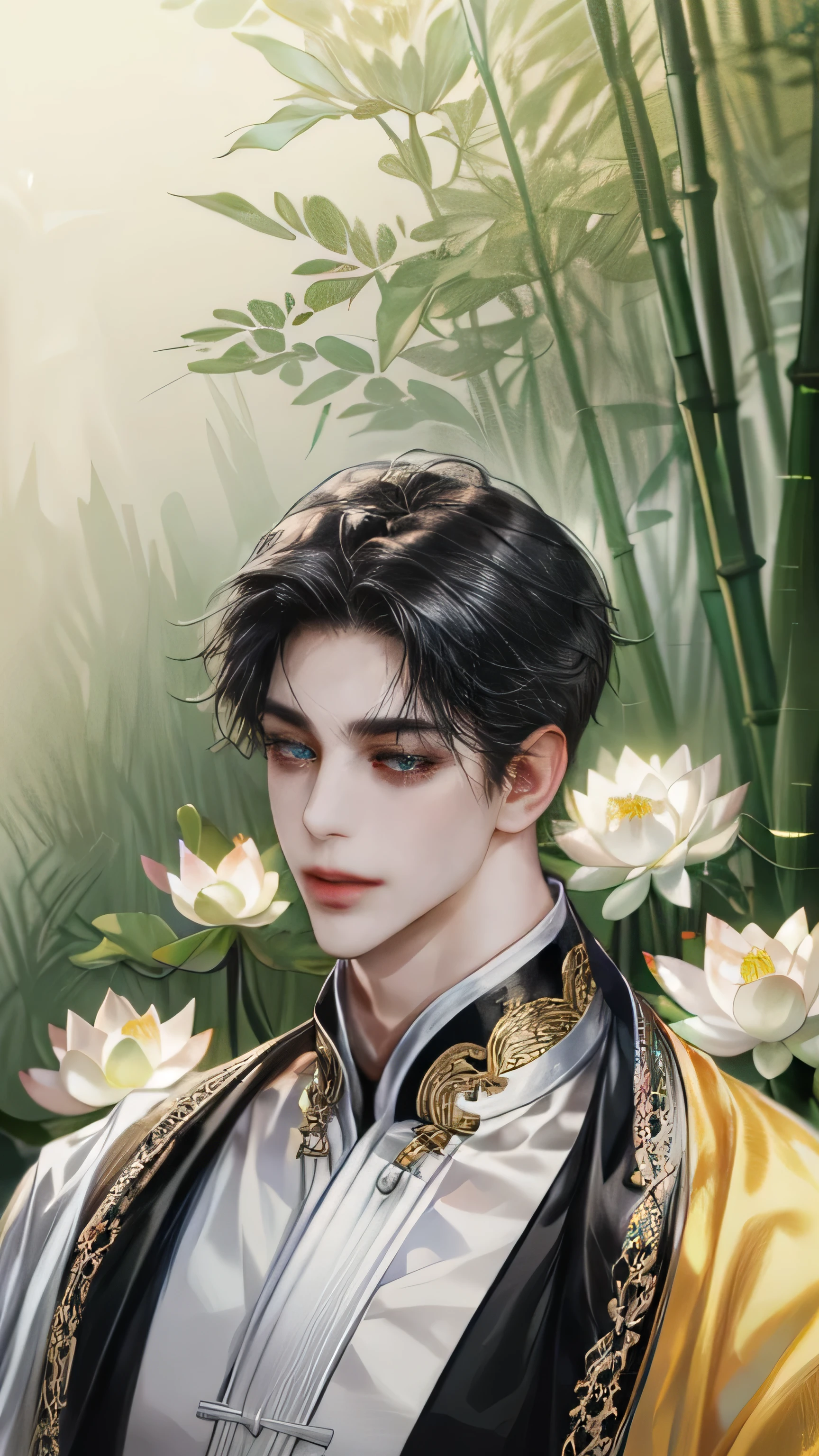 (((best quality))),masterpiece,ultra high resolution,extraordinarily beautiful youth, a bright, innocent smile,All green clothing,(absurdres, highres, ultra detailed, HDR), masterpiece, best quality, (1 boy) ,(((1 male,1 men,only one boy,perfect body, fair skin,sexy boy))),((boy 20 year old)) ,boy character ,((Thick black long hair)),beautiful face,detailed interior, detailed character,((man)),(in bamboo forest), black hair, smile,(white lotus),from anime The Scum Villain's Self Saving System,1man,the house of ancient China style, pure white lotus,beautiful and cute man ,(long black hair),black eyes,((solo man)),(he has a Big eyes, charming lips, slim nose and small face),(slim figures and no muscle),fragile body,Beautiful slender hands,Beautiful fingers