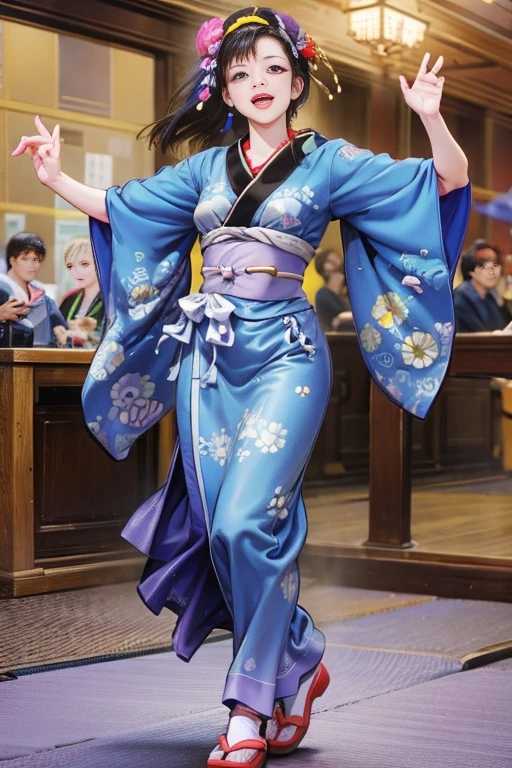 (Japan Bon Odori,最高masterpiece,Highest quality), Hot August,Bright vibrant anime art,People of all ages and genders dance and dance, Dancing in yukata,Laughing and dancing, Showing white teeth,Men and women dance in a circle, masterpiece,Highest quality,High resolution,