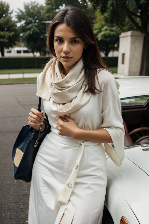 A woman with a white scarf around her neck driving a classic sports car showing off a luxury handbag