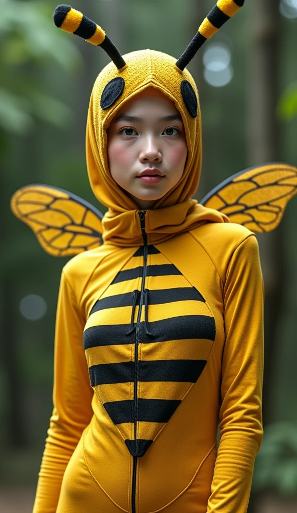 The beautiful Malaysian muslimah adult girl with beautiful cheeks wears yellow bee lycra turtleneck unitard catsuit covered with black stripes.She has a pair of insect wings.She always wear bee lycra elastane stretchy dancewear square hijab covered with black stripes with antenna.