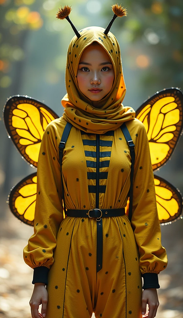 a most beautiful Asian muslimah woman named Cikgu Nurhafiza wears blue beautiful butterfly turtleneck unitard catsuit with a pair of beautiful orange butterfly Wings.She wears a hijab-like hood.Her hijab-like hood has a pair of antennae