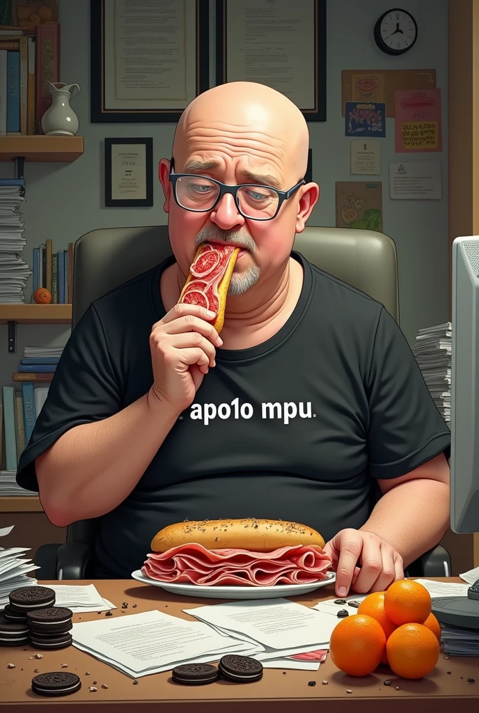 white male, 40 year old, baldie, completely smooth face, no fur, skinny, but very pot-bellied, wearing light glasses and eating baguette with lots of ham. Sitting behind a very messy desk with a computer, stacks of papers, crumbs and lots of Oreo cookies. Wearing a black shirt with the following phrase: APO1O MPU. a bag of tangerines on the table.