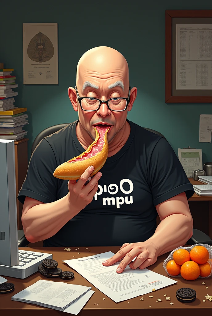 white male, 40 year old, baldie, completely smooth face, no fur, skinny, but very pot-bellied, wearing light glasses and eating baguette with lots of ham. Sitting behind a very messy desk with a computer, stacks of papers, crumbs and lots of Oreo cookies. Wearing a black shirt with the following phrase: APO1O MPU. a bag of tangerines on the table.