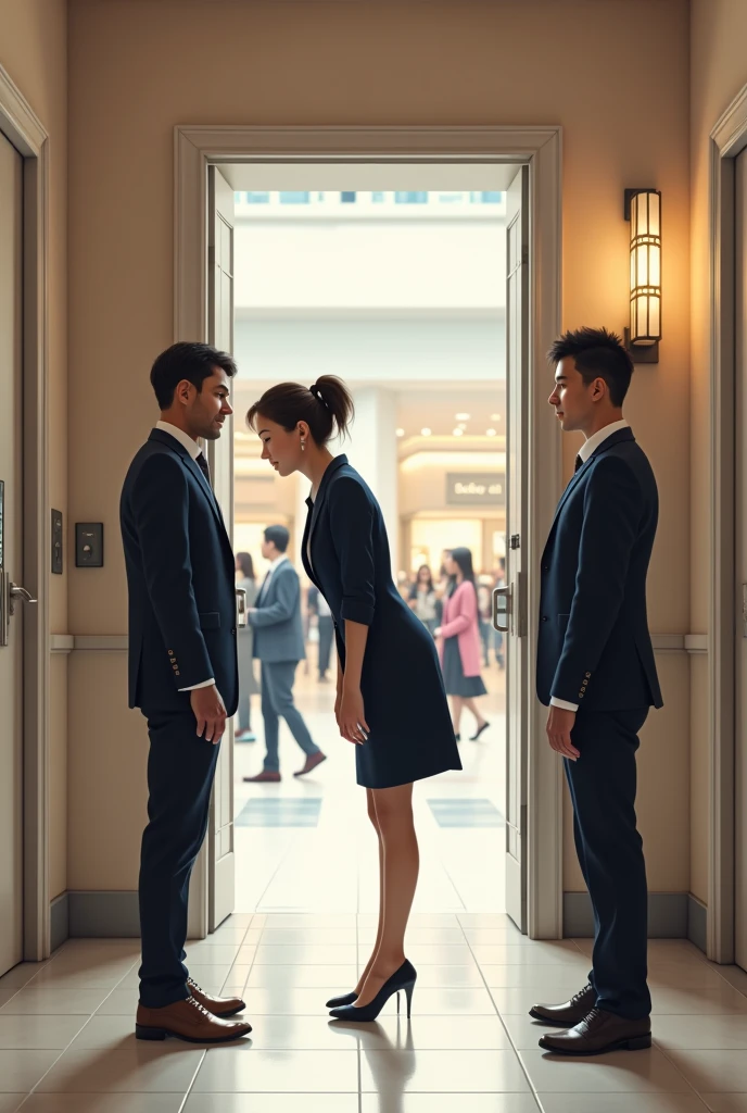 a woman bowing two people in the front of the restroom of the mall