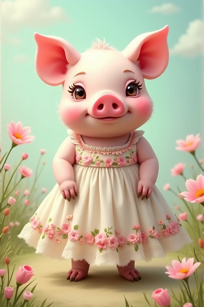 The pig is wearing a floral dress.