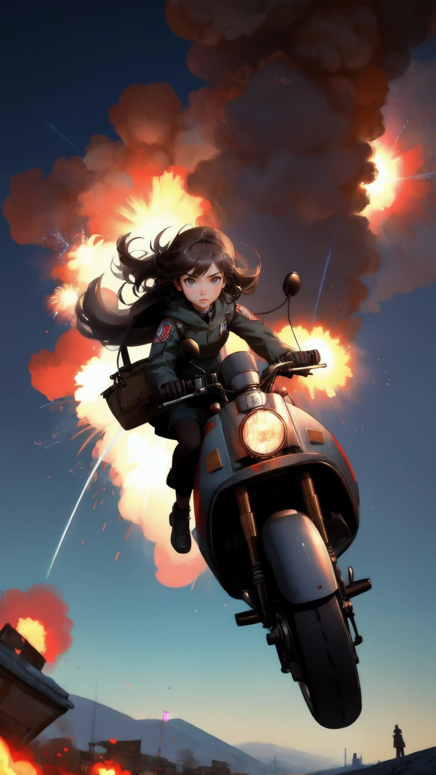 A cartoon character of a beautiful cute girl in an epic action scene, riding inside a massive, round 'Rug Pull' bomb-shaped device, flying through the air as explosions and rockets trail behind. The bomb has large, expressive eyes and is the main focus of the image. The girl has a determined look, gripping controls inside the device, while small robot-like creatures scatter below in a traditional village setting. The entire background should be rich brown, creating a dramatic contrast with the fiery explosions and action.