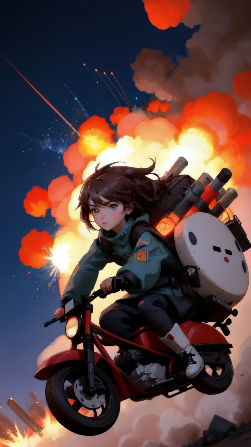 A cartoon character of a beautiful cute girl in an epic action scene, riding inside a massive, round 'Rug Pull' bomb-shaped device, flying through the air as explosions and rockets trail behind. The bomb has large, expressive eyes and is the main focus of the image. The girl has a determined look, gripping controls inside the device, while small robot-like creatures scatter below in a traditional village setting. The entire background should be rich brown, creating a dramatic contrast with the fiery explosions and action.