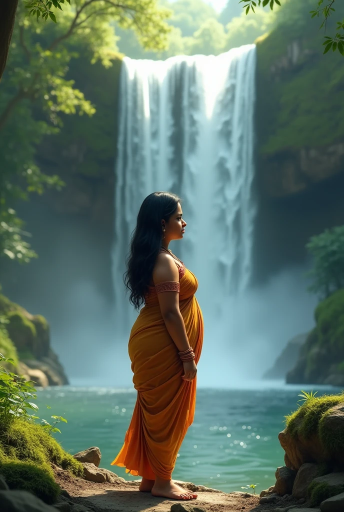 Indian Chubby girl into tha  Waterfall back profile realistic image 