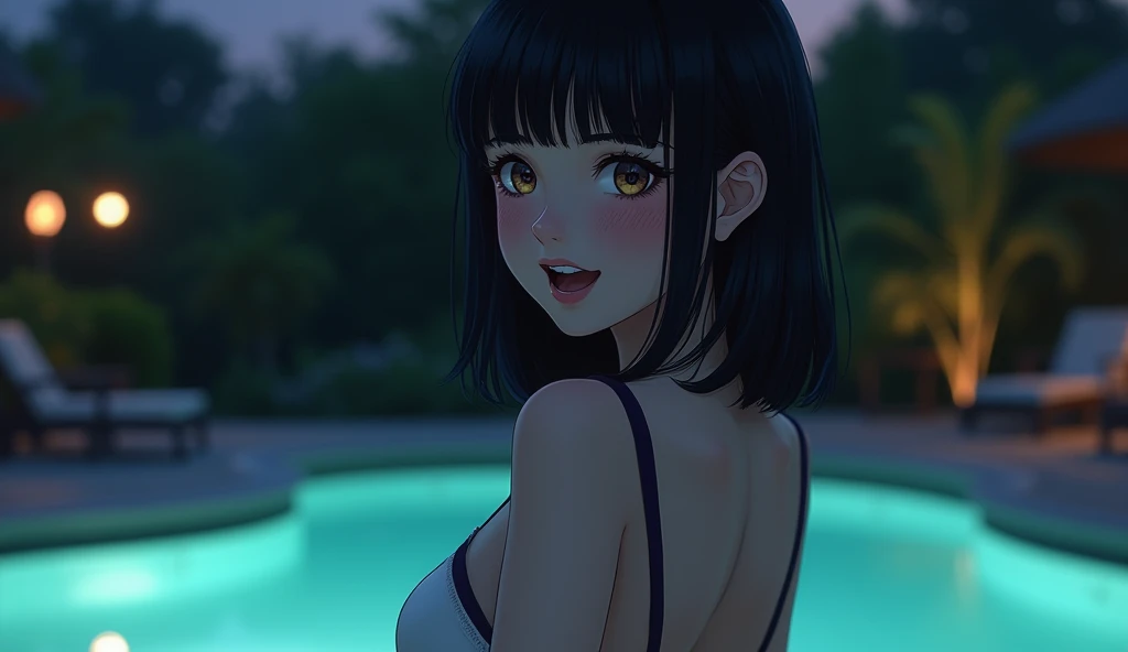 (Best quality, masterpiece), 1 girl, complex parts, beautiful detailed face, (minimum micro bikini:1.2), look through, I look at the viewer, Night pool, blush, open mouth, black hair, medium hair, blunt bangs, happy, standing, cowboy shot,