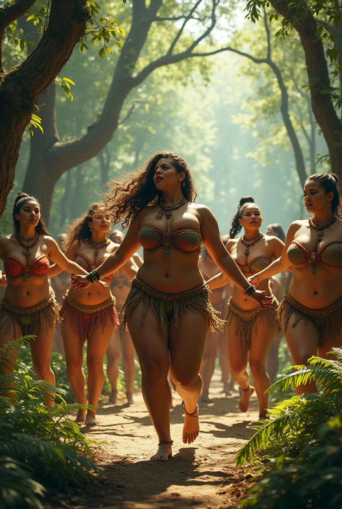 Fat girls doing tribal dance in the forest