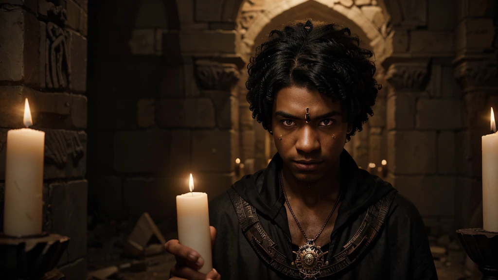 A powerful male sorcerer with a pale, stern face framed by short, afro black hair. His eyes burn with malevolent power as he conjures dark magic in an ancient ruin, surrounded by glowing glyphs and floating candles.