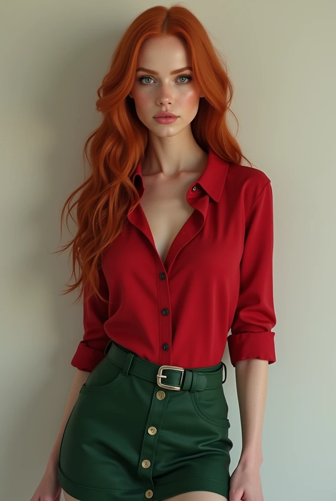 photorealistic Karen Gillan, beautiful woman long hair red, sexy pose, sexy figure, (small breasts:1.3), (buttoned red shirt), (green short skirt), (belt), (masterpiece) (best quality) (detailed) (8k) (HDR) (wallpaper) (sharp focus) (intricate), (bloated)
