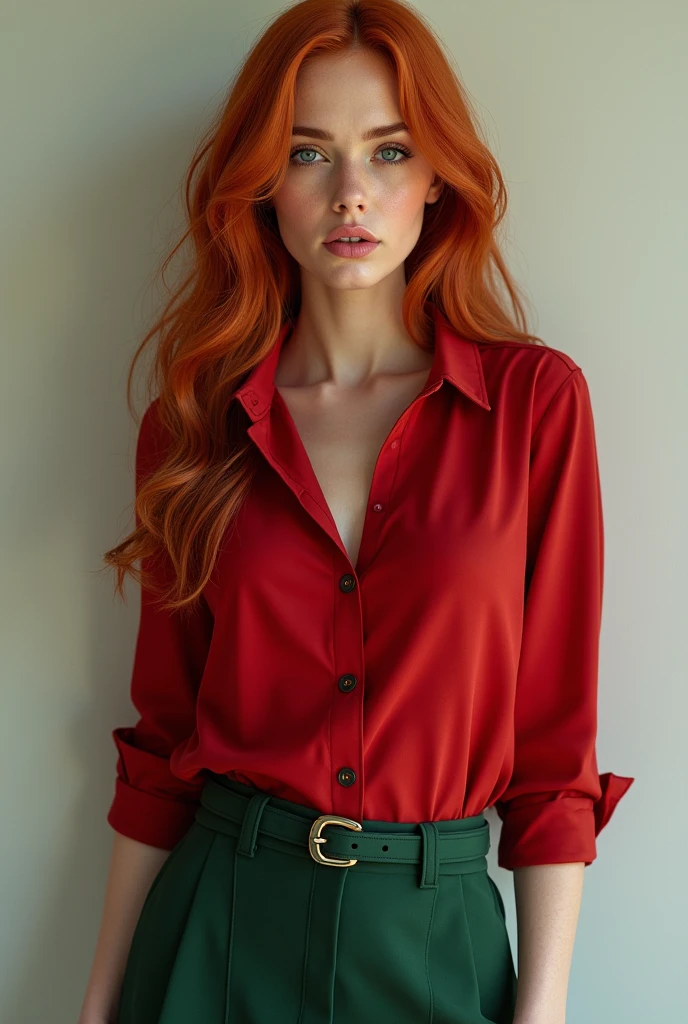 photorealistic Karen Gillan, beautiful woman long hair red, sexy pose, sexy figure, (small breasts:1.3), (buttoned red shirt), (green short skirt), (belt), (masterpiece) (best quality) (detailed) (8k) (HDR) (wallpaper) (sharp focus) (intricate), (bloated) 