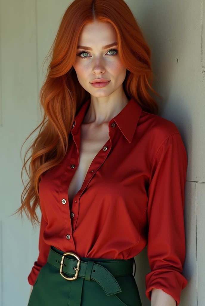 photorealistic Karen Gillan, beautiful woman long hair red, sexy pose, sexy figure, (small breasts:1.3), (buttoned red shirt), (green short skirt), (belt), (masterpiece) (best quality) (detailed) (8k) (HDR) (wallpaper) (sharp focus) (intricate), (bloated) 