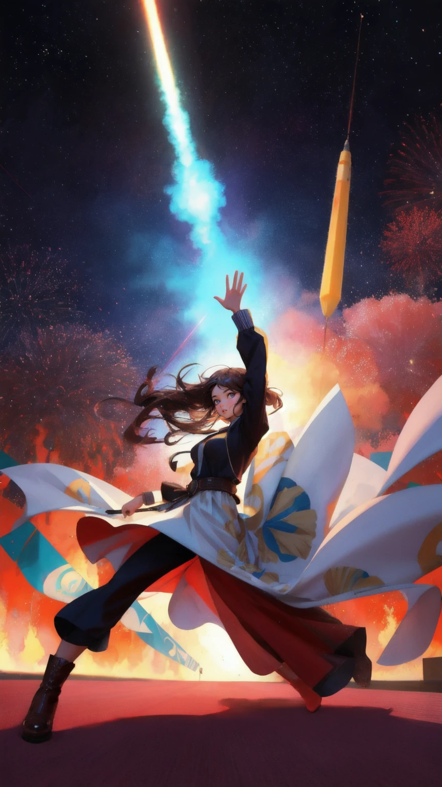 A beautiful cute girl in an action-packed scene, holding onto a massive, cartoonish 'Rug-Pull-Proof Carpet' that is flying through the air. The carpet is round with expressive eyes and vibrant colors. The girl is gripping the carpet as it soars, with explosions and rocket trails in the background. The entire setting is in a rich brown environment, enhancing the dramatic and dynamic feel of the scene.