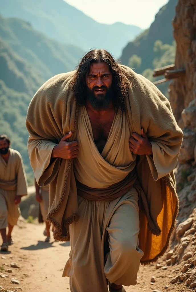 Jesus Christ, struggling up a steep, mountainous dirt road with a large, havy fatty man on his shoulder. He is visibly tired and sweating, with tears streaming down his face.and he is crying  Villagers from the small mountain village are watching him intently, with expressions of concern and curiosity. The scene is set against a rugged, mountainous backdrop with a rustic, rural atmosphere."4k ultra realstick hd

