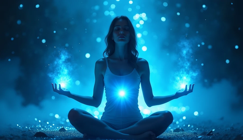 Woman meditating on lotus position channeling blue light with hands, blue background abundance, light background, magical ambience, glitter filled background