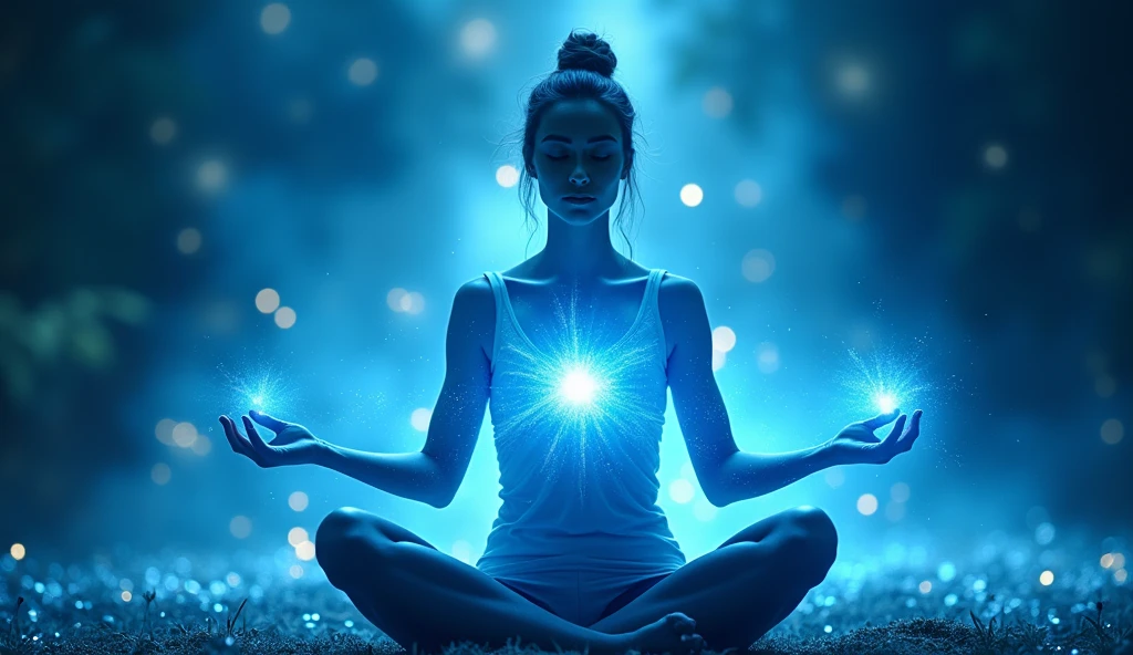 Woman meditating on lotus position channeling blue light with hands, blue background abundance, light background, magical ambience, glitter filled background
