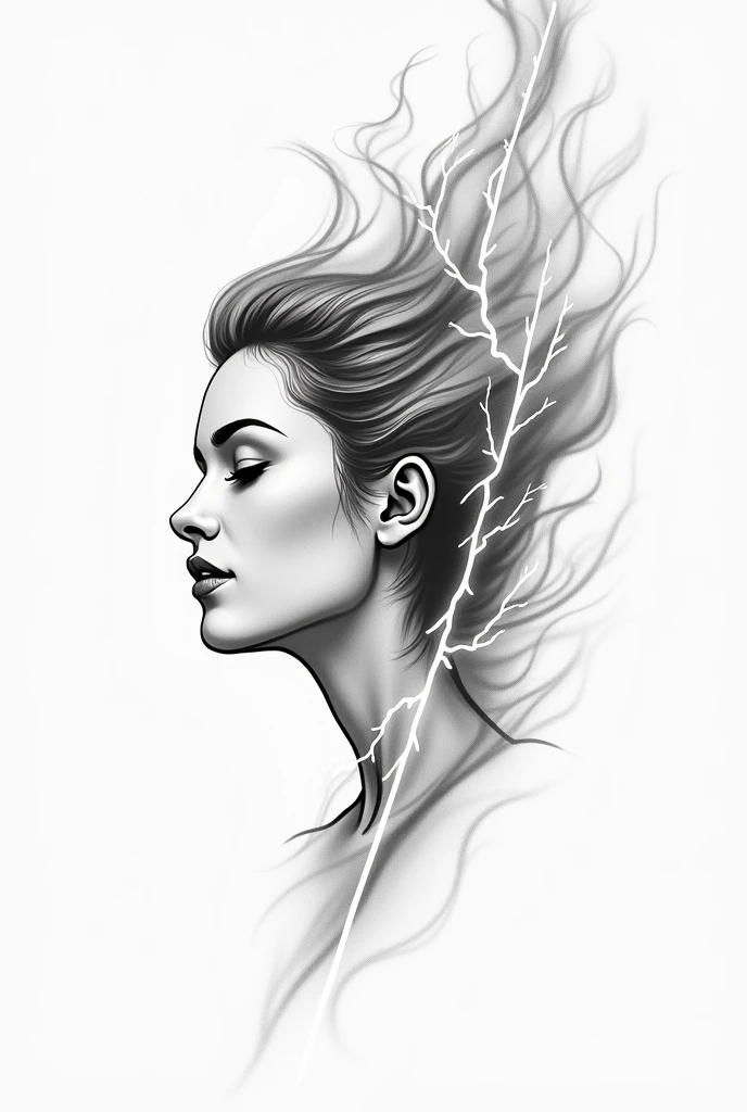 tatoo simplistic, Abstract, ultra realistic, design in black and white, flowing smoke, abstract side face of a woman with realistic linear lightning bolt with subtle branches
