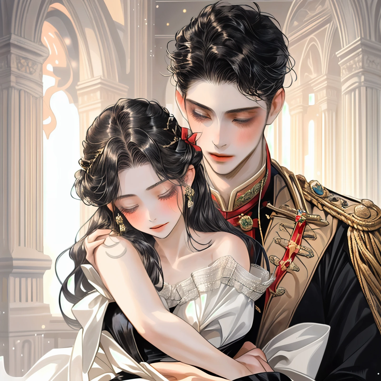 1 beautiful girl with long straight blonde hair and a hair bow, A young prince with black hair who is playful., White Dresses, Hug from behind, Facing straight