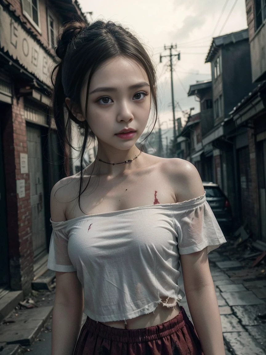 White Chinese Hanfu costume, Bloody.,  under a small t-shirt, Blood dripped down, Zombies chasing her, Zombies running after her, ใบหน้าBloody., เลือดบนclothesของเธอ, ตัวเล็กในชุดเสื้อสีขาวBloody., clothesBloody., Torn and dirty mini skirt, กระโปรงสั้นBloody., Blood on her bodyBloody., Blood dripped down, Zombies chasing her, Zombies running after her, ใบหน้าBloody., เลือดบนclothesของเธอ, Blood on her body, arafed ผู้หญิงจีน posing for a picture, beautiful chinese woman, Korean girl, Beautiful Chinese girl, Chinese women, Chinese female fashion model, Look sexy, small breast, long hair, sexy pose, Show your breasts. dark background, dark and rainy street the blurred nighttime, Blurred road in the background, nighttime, dark nighttime, City in Dogs, Dog Road, Rubble, smoke, destructionCity in Dogs, Dog Road, Rubble, smoke, destruction, rainy nighttime, shadow, dark alley, dawn, คติZombies, นักฆ่าZombies, Zombies, Not dead, Crowd of Zombies, monster, Film style: Local evil. (perfect skin, No blemishes or blemishes). ((best quality, 8ก, Masterpiece: 1.3)), Point of interest: 1.2, perfect shape beautiful woman: 1.4, perfect breasts: 1.2, ((Layered haircut, Beautiful breasts: 1.2)), (real clothes textures: 1.1), (A calm gesture holding a sword), clothes: 1.1, Highly detailed facial and skin textures, Detailed eyes, Double eyelids, Bright skin, I'm real., “Imagine a character that radiates an aura of mystery and intrigue.. Her skin looks so realistic that every texture and shade stands out from the image., สะท้อนแสงและshadowได้อย่างลงตัว. The skin should show a subtle color., from the warm tones of natural blush to the cool shadow under the eyes, Captures the intricate and beautiful details of human skin in full detail.. (Dark style with horror, Zombie Apocalypse style movie effects).