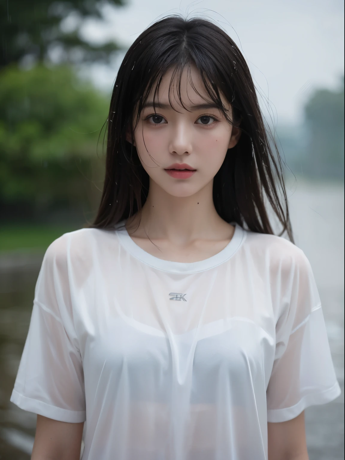 (8k, Top quality, Masterpiece:1.2), (Realistic, photo-realistic:1.37), Super detailed, perfect anatomy, cute, small eyes, 1, a Japanese, girl, heavy rain, bangs, wet hair, wet clothes, sweat body, soaking wet, rainy, storm, gloomy weather,