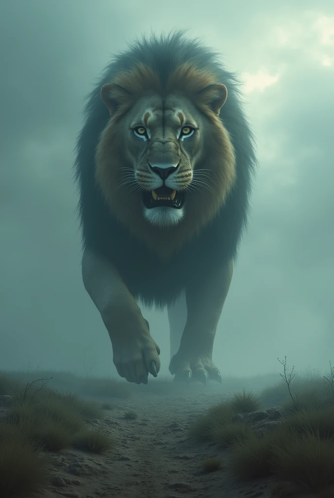 Gigantic ancient lion walking across a plain in the distance amid fog, haze, haze, dark clouds, grimdark ,supense, monstr, unearthly, octan render, engine unreal, photorrealistic, hyper realism, highy detailed, high qualiy, intrincately detailed,Volumetric lighting, full character, 4K, ,hard disk ,Full HD, 8k, RTX, high resolution, detailed shadows, incredibily detailed, perfect, Dramatic scale