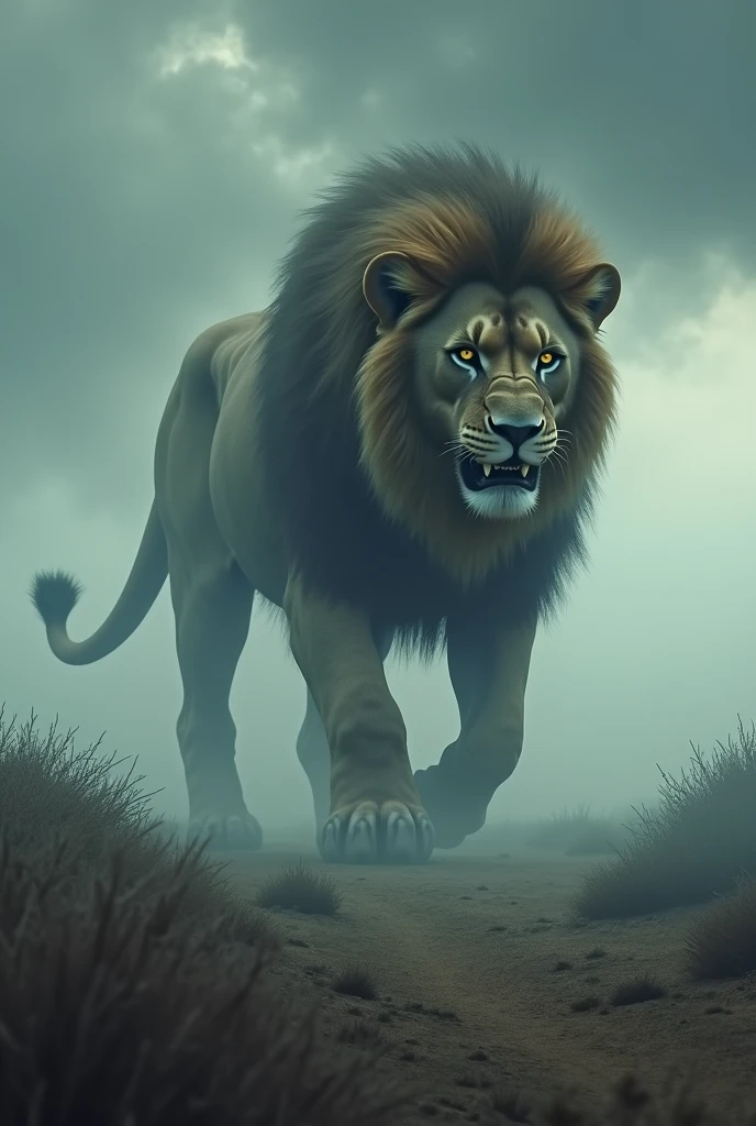 Gigantic ancient lion walking across a plain in the distance amid fog, haze, haze, dark clouds, grimdark ,supense, monstr, unearthly, octan render, engine unreal, photorrealistic, hyper realism, highy detailed, high qualiy, intrincately detailed,Volumetric lighting, full character, 4K, ,hard disk ,Full HD, 8k, RTX, high resolution, detailed shadows, incredibily detailed, perfect, Dramatic scale