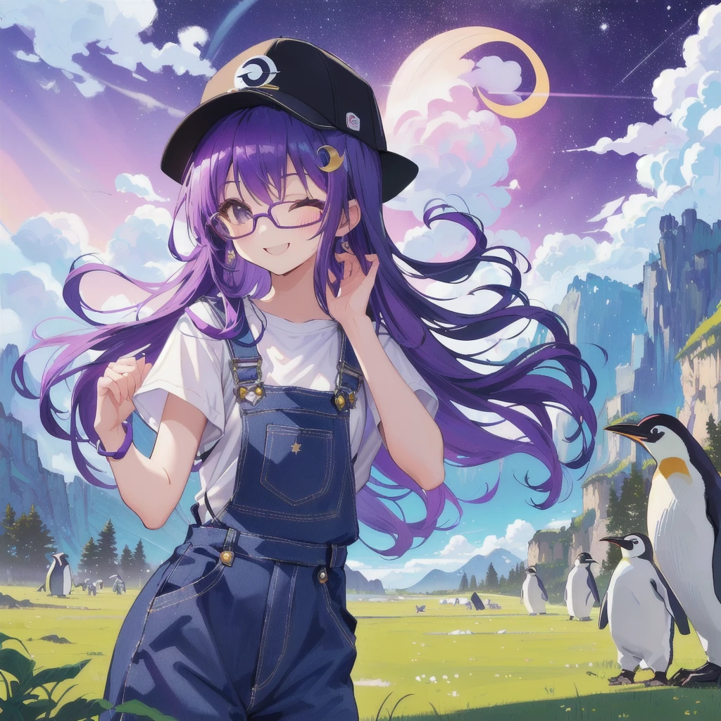 Purple haired girl with glasses wearing overalls, baseball cap, crescent moon, flying baby monster, village in the grassland, small hut, lots of penguins, vibrant colorful effect, (1 person), high resolution, masterpiece, laughing out loud with eyes closed, 8k, vibrant colors