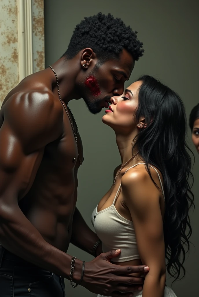 (photo realist)
The tall man, dark-skinned, becomes severely infatuated and tries to kiss the brunette with long black hair with blonde tips, THE FORCE, against her will, the woman does NOT want the kiss. The disfigured man&#39;s girlfriend is crying in the background 

