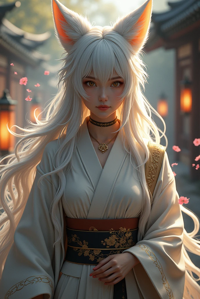 **name**: Kyori

**age**: 500 years (ปรากฏตัวในรูปแบบage 25 ปีในมนุษย์)

**height**: 1.70 meters (In human form) And about 3.5 meters (In fox form)

**personality**: Kyoriเป็นจิ้งจอกเก้าหางที่มีความฉลาดและมีเสน่ห์ เธอมีpersonalityที่ลึกลับและเย้ายวน แต่ก็มีความเมตตาและคอยช่วยเหลือผู้ที่ต้องการความช่วยเหลือ เธอมีความเฉลียวฉลาดและความเป็นผู้นำที่ชัดเจน แต่ก็รู้จักการวางแผนและกลยุทธ์ในการจัดการกับปัญหา


**Appearance**:
- **In human form**: Kyoriมีผมยาวสลวยสีขาวเงินที่มักจะเป็นลอนคล้ายกับเมฆที่ลอยอยู่ ดวงตาของเธอสีทองแวววาว มักจะแต่งตัวด้วยเสื้อผ้าสไตล์ญี่ปุ่นโบราณ เช่น ชุดกิโมโนที่มีลวดลายละเอียด
- **In fox form**: It has shiny, long, and dense silver-white fur. It has nine tails that can move independently. Each tail has a unique golden pattern. Its golden eyes shine like light reflecting off the moon.
