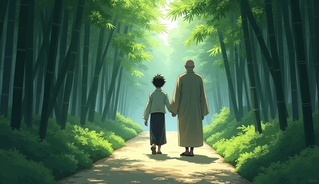 Walking to the Pond: Hiro and Master Koji walk silently through the temple grounds. The path is lined with tall bamboo and the ground is covered with soft moss. Hiro looks anxious, while Master Koji remains serene, guiding Hiro with a gentle hand.