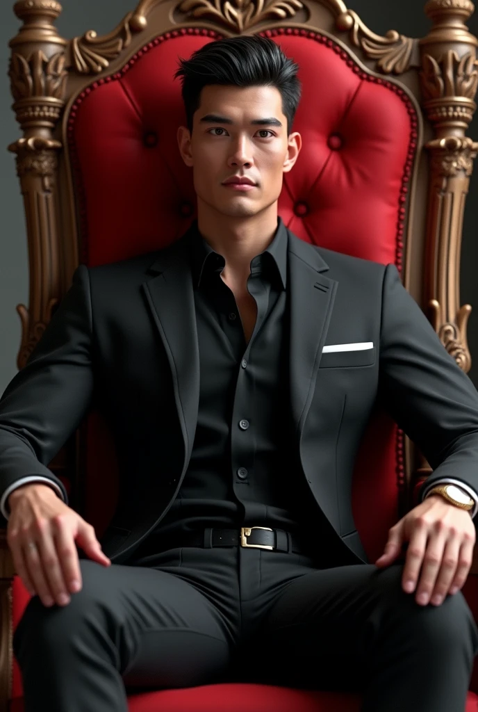 Beautiful 25 yearsold man sitting in the red royal chair with black suit 3D animated portrait