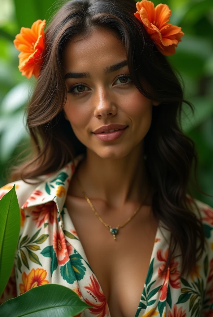 A Brazilian woman in a lush tropical garden, wearing an open shirt with a floral print, with a close-up capturing the harmonious beauty between her breasts and the natural flowers, showing off your natural charm and outgoing personality.