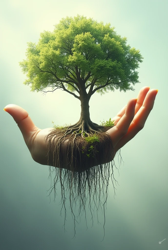 a handpalm with a tree growing on top of it and the roots of the tree covering hos hands