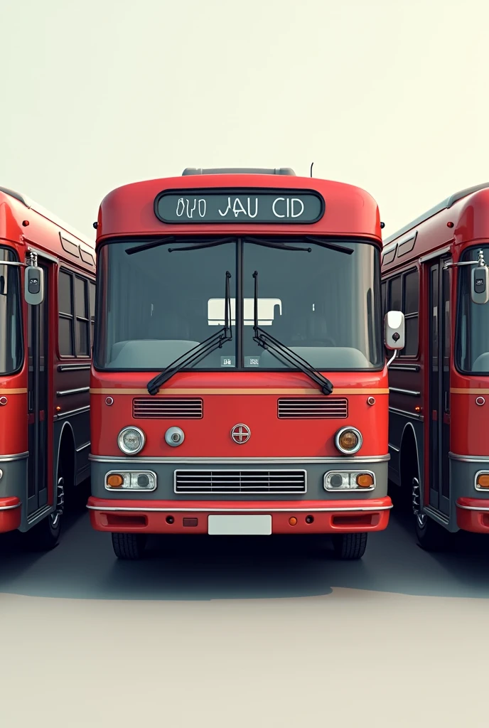 Put images of multiple buses together. The bus needs to be red and gray. Similar to real life buses. The photo must be neutral and standing.
